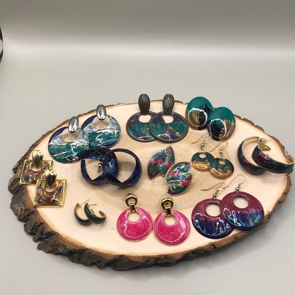 Huge bundle lot 11 vintage enamel round oval hoop square statement earrings.